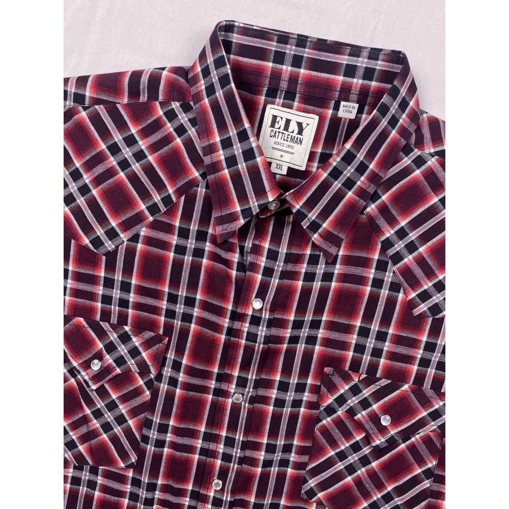Ely Cattleman Western Pearl Snap Shirt Mens XXL Red Plaid Short Sleeve Rancher